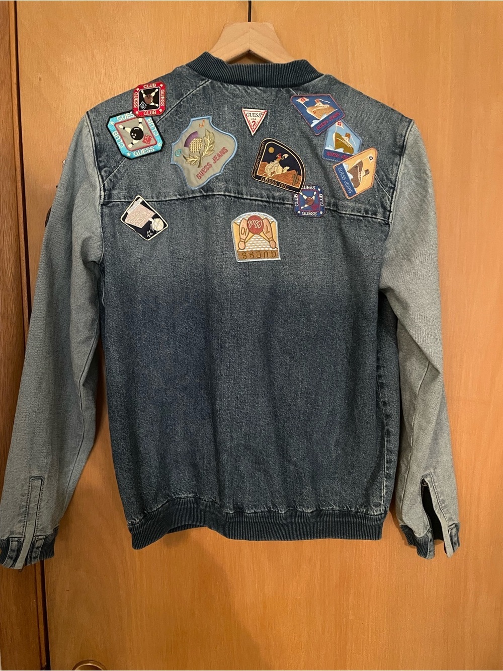 80’s 90’s Vintage RARE Guess Denim Patch Snap Button Bowling Jacket Size S/M - Picture 11 of 14